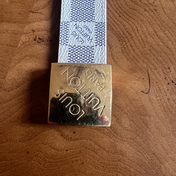 Louis Vuitton White and Blue Checkered Belt with Gold Buckle